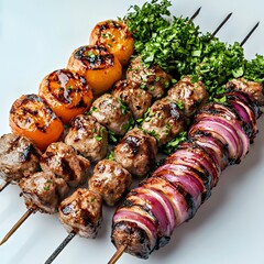 Grilled meat skewers with vegetables, herbs, and a smoky char, ready to serve.