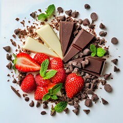 Delicious assortment of chocolates and strawberries with mint leaves, perfect for dessert.