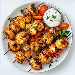 Delicious grilled chicken skewers served with creamy sauce and fresh vegetables.