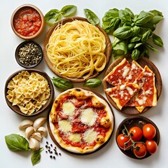 Colorful arrangement of Italian ingredients including pasta, pizza, and fresh basil.