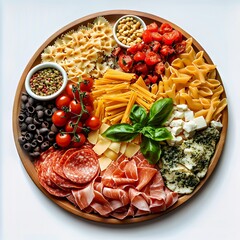Colorful antipasto platter with various pasta, cheeses, and cured meats.