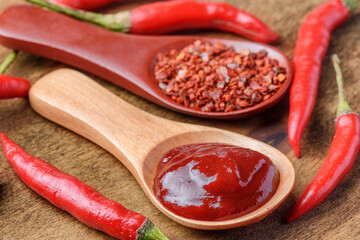 Wooden spoons of dried chili pepper flakes and pepper paste