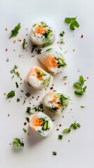 Colorful fresh spring rolls with vegetables, artfully arranged on a clean surface.