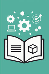 An illustrated book with gears and a target, symbolizing innovation and learning.