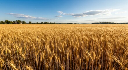 Obraz premium Golden wheat field under a clear blue sky with fluffy clouds and a distant treeline