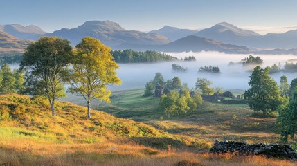 Picturesque morning landscape with fog rolling through Scottish Highlands