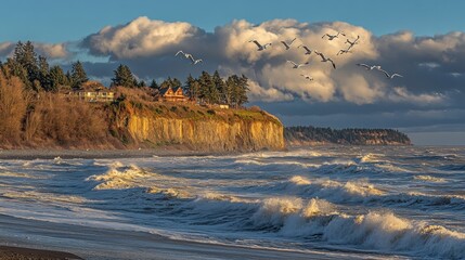 Pacific Northwest coastal vista with dynamic wave action and avian flock