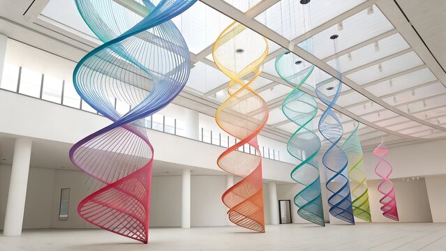 Vibrant Helical Sculptures, Eco-Material Art Installation in Modern Gallery