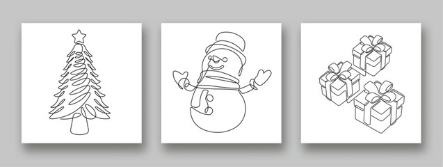 Continuous line art fir tree, snowman, and gift boxes set. Modern single line art, Christmas portrait, aesthetic contour. Great for poster, wall art, tote bag, t-shirt print, sticker.