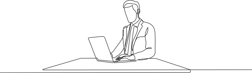 Continuous Line Drawing of a Man Using Laptop at a Table. Minimalist illustration of people working on laptop in black linear sketch isolated on white background