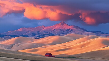 Picturesque red barn nestled in rolling wheat fields under vibrant sunset hues