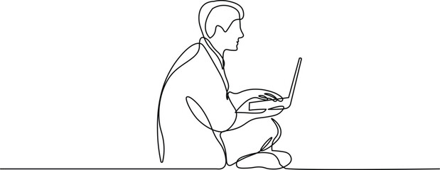 One Line Art Man Sitting on the Floor with Laptop. Minimalist Freelance and Remote Work Concept