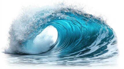 Powerful turquoise wave, cresting and curling over, isolated against white background