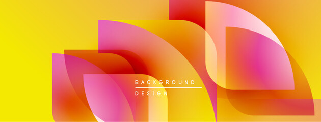 Abstract vibrant design features overlapping shapes. Yellow, pink, red gradients create dynamic visual effect. Modern background texture.