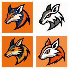 Fototapeta premium Four fox head logos in different color schemes on orange backgrounds in a square format design