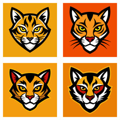 Fototapeta premium Four square images showing stylized bobcat heads with varying color palettes and background shades