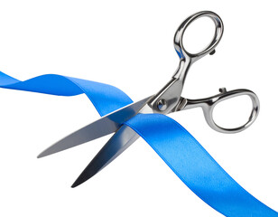  Close-up of silver scissors cutting blue ribbon, front view, isolated on white background PNG