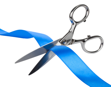  Close-up of silver scissors cutting blue ribbon, front view, isolated on white background PNG - Powered by Adobe