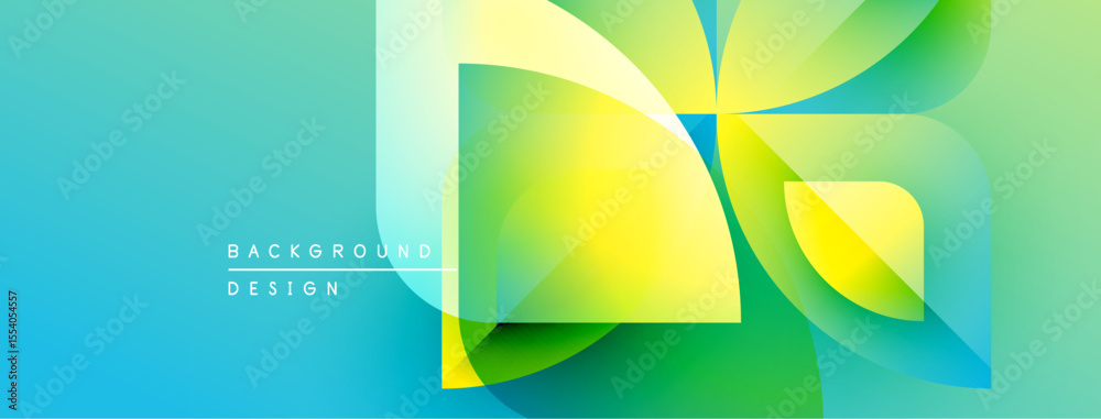 Poster Abstract geometric shapes overlap, creating vibrant gradient effect. Blue transitions to yellow, green hues dominate composition. Modern design element.