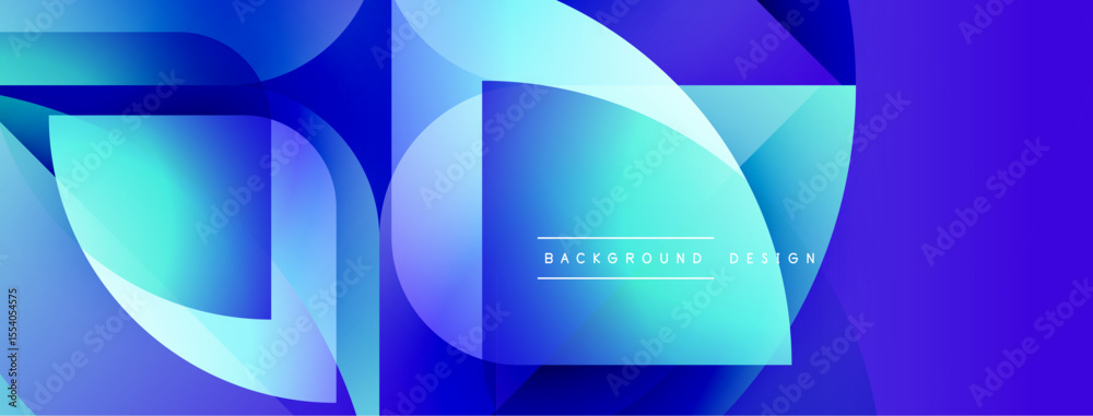 Poster Abstract geometric shapes, blue gradients, modern design. Overlapping layers create depth, vibrant visual effect. Background elements present.