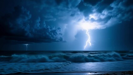 Thunderstorm with powerful lightning over ocean showing turbulent waves and electric sky during high-intensity weather system - Powered by Adobe