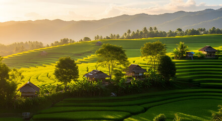 Obraz premium Scenic Landscape of Lush Green Terraced Rice Fields at Sunset