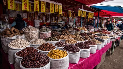 Vibrant Market Stall Overflowing with Colorful Array of Nuts and Seeds