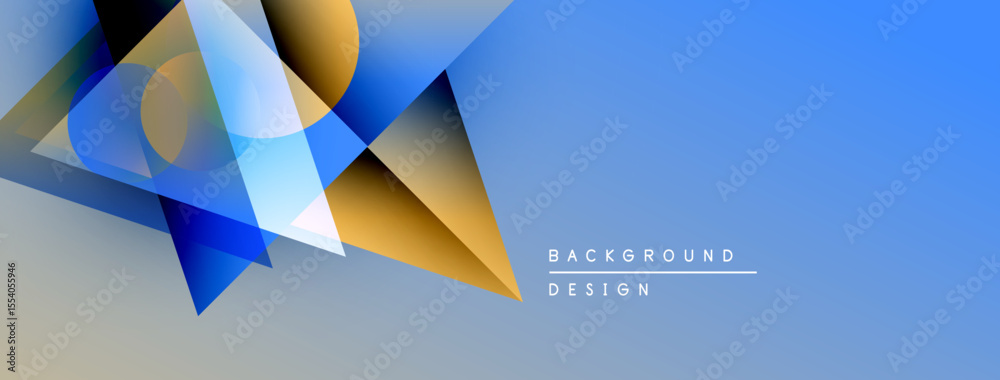Poster Abstract geometric shapes overlap, creating dynamic visual effect. Blue, orange hues dominate gradient background. Minimalist design elements present.