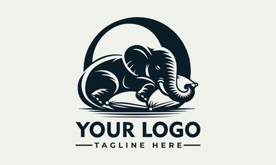 A stylized illustration depicting an elephant resting within a circular frame, with text below.