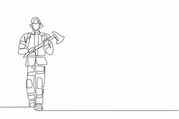 Single continuous line drawing firefighter in full uniform walking while carrying an axe. Glass breaking tools. Helping victims. International Firefighters Day. One line design vector illustration