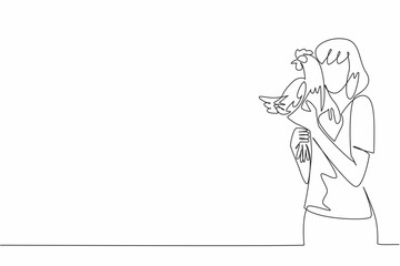 Single continuous line drawing a woman in casual clothes lifts a hen and puts it to her cheek. Laying a lot of eggs. Fowl. International Respect for Chickens Day. One line design vector illustration