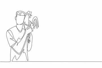 Single one line drawing a man in casual clothes lifts rooster and puts it to cheek. Keep the chicken in good mood. International Respect for Chickens Day. Continuous line design graphic illustration