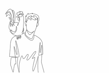 Single continuous line drawing rooster perched on shoulder of man in casual clothes. The proud chicken that always praised. International Respect for Chickens Day. One line design vector illustration