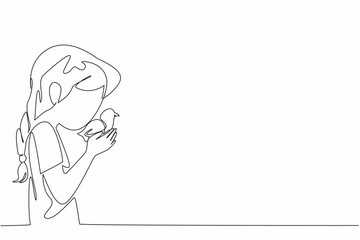 Single one line drawing girl kisses head of chick. Play all day with the pet. Inviting to joke. Adorable fluffy fur. International Respect for Chickens Day. Continuous line design graphic illustration