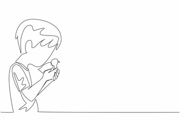 Single continuous line drawing boy kisses head of chick. First pet. Kept for breeding. Routinely given the best protein. International Respect for Chickens Day. One line design vector illustration