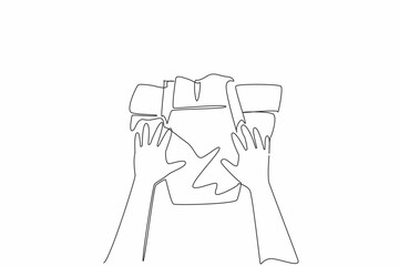 Single one line drawing hands of baby holding the diaper with both hands. Diaper pants. Easier to remove and put on. Hygiene. Kids In Need Of Diapers Day. Continuous line design graphic illustration