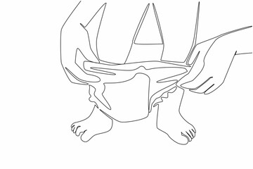 Single one line drawing hand of mother holding diaper putting a diaper on her baby. Change diapers frequently for cleanliness. Kids In Need Of Diapers Day. Continuous line design graphic illustration