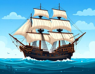 Sailing ship on a blue sea