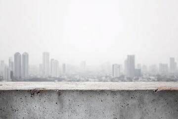 Hazy cityscape viewed from a weathered concrete ledge