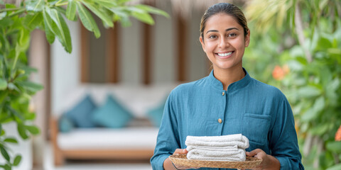 A smiling woman in a blue uniform holds a tray with towels and a bowl, standing outdoors near lush greenery and a cozy, blurred lounge area.