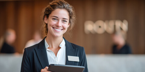 A smiling professional woman in business attire holds a tablet in a modern office lobby with blurred background.