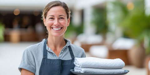 A smiling woman wearing an apron holds a tray with neatly folded white towels, standing outdoors in a bright, blurred background.