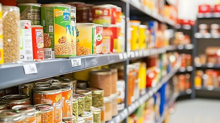 Fototapeta premium Colorful Shelves of Various Food Products and Canned Goods in Grocery Store Aisle
