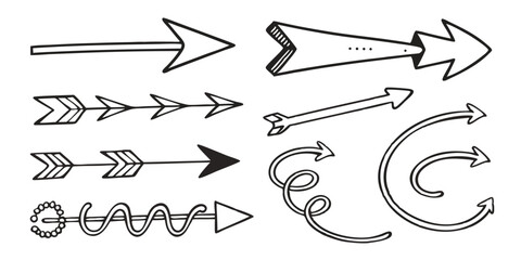 Hand-Drawn Doodle Arrows – Curved, Loopy, Zigzag Line Icons in Vector Style