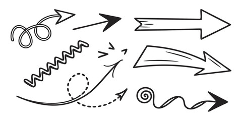 Hand-Drawn Doodle Arrows – Curved, Loopy, Zigzag Line Icons in Vector Style