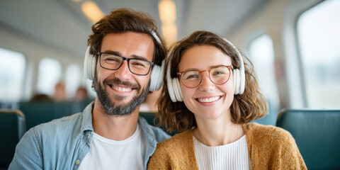 A smiling man and woman wearing headphones and glasses sit closely together on a train, enjoying their journey.