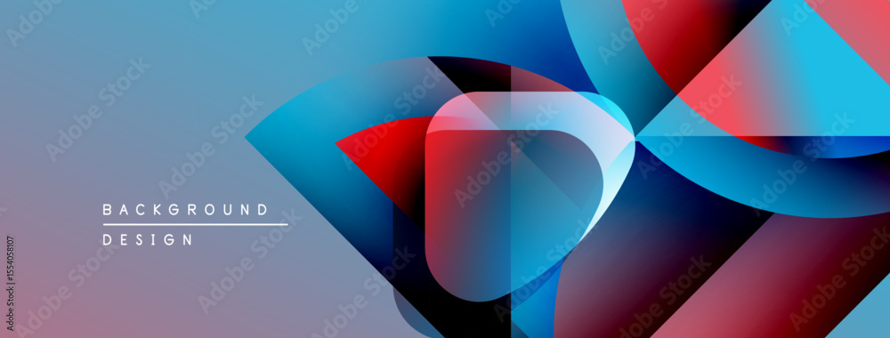 Poster abstract geometric shapes overlap, creating vibrant blue, red, purple gradients. modern design eleme