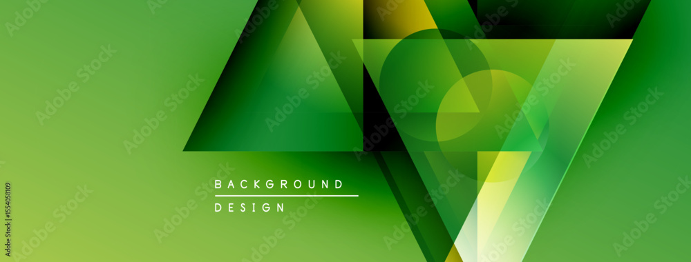 Poster Abstract geometric design. Green gradients create dynamic shapes, circles, triangles. Modern background suitable for presentations, branding.