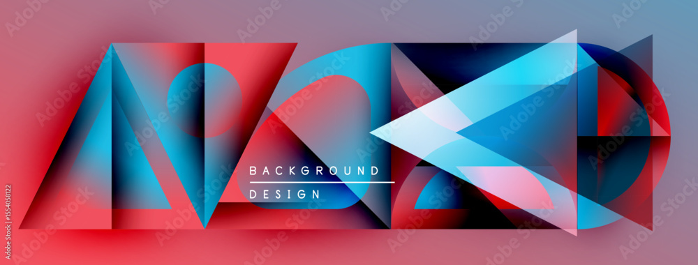 Poster Abstract geometric shapes, vibrant colors, dynamic composition. Modern design elements create striking visual impact. Background features layered triangles.