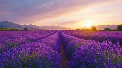 Serene lavender field landscape at sunrise with distant mountains and soft sky colors